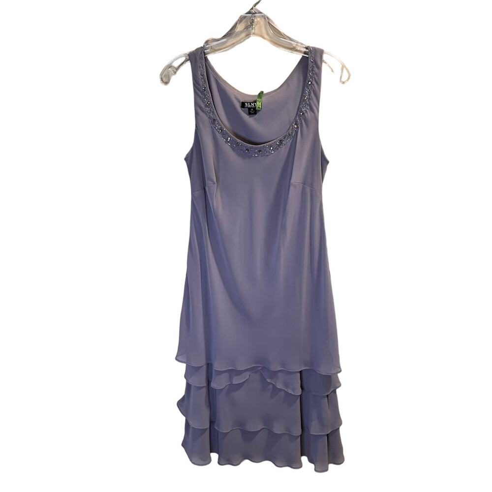 SL Fashions NY, Gray, Tier sleeveless Dress Beaded Neckline, Women 10